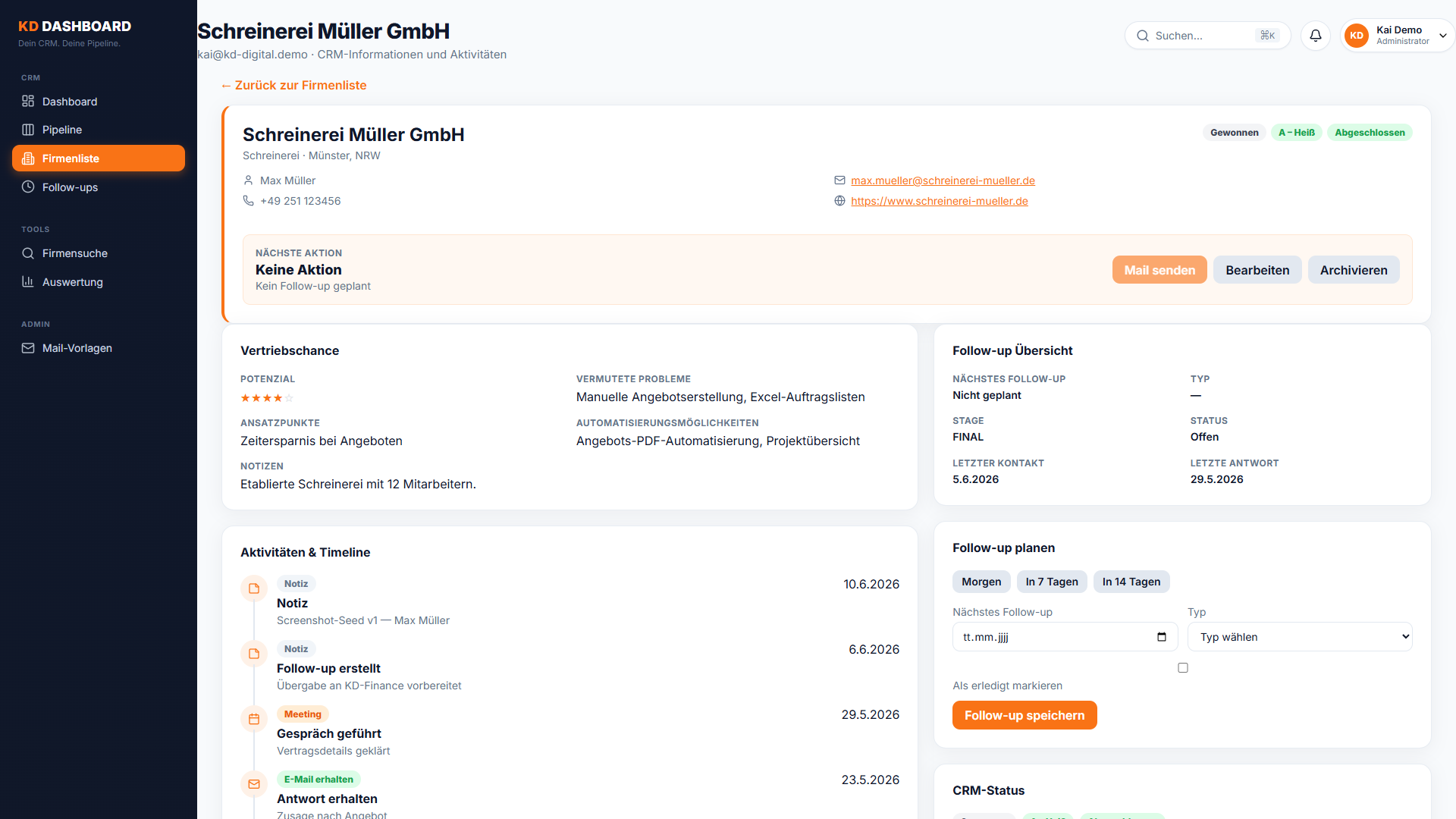 KD-Dashboard: Firmendetail mit Ansprechpartnern