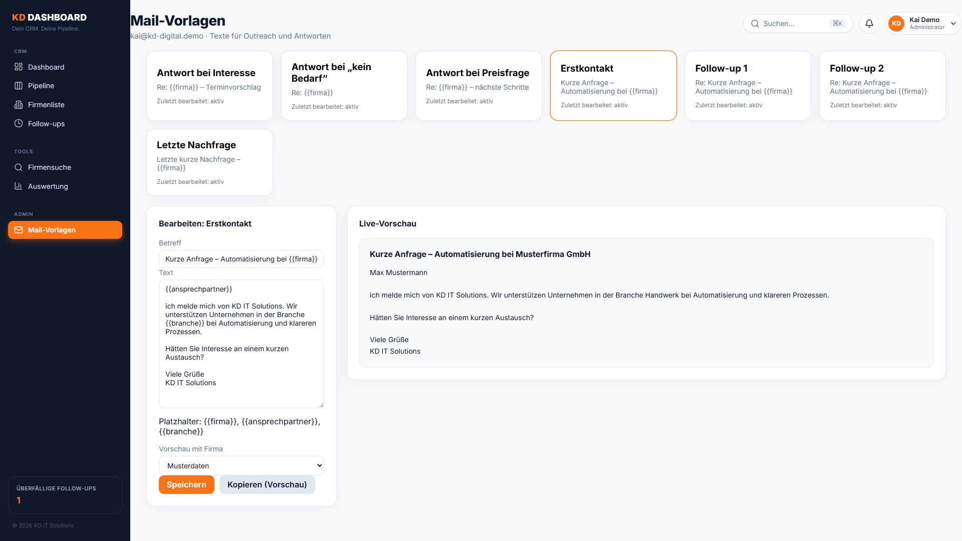 KD-Dashboard: Mail-Vorlagen